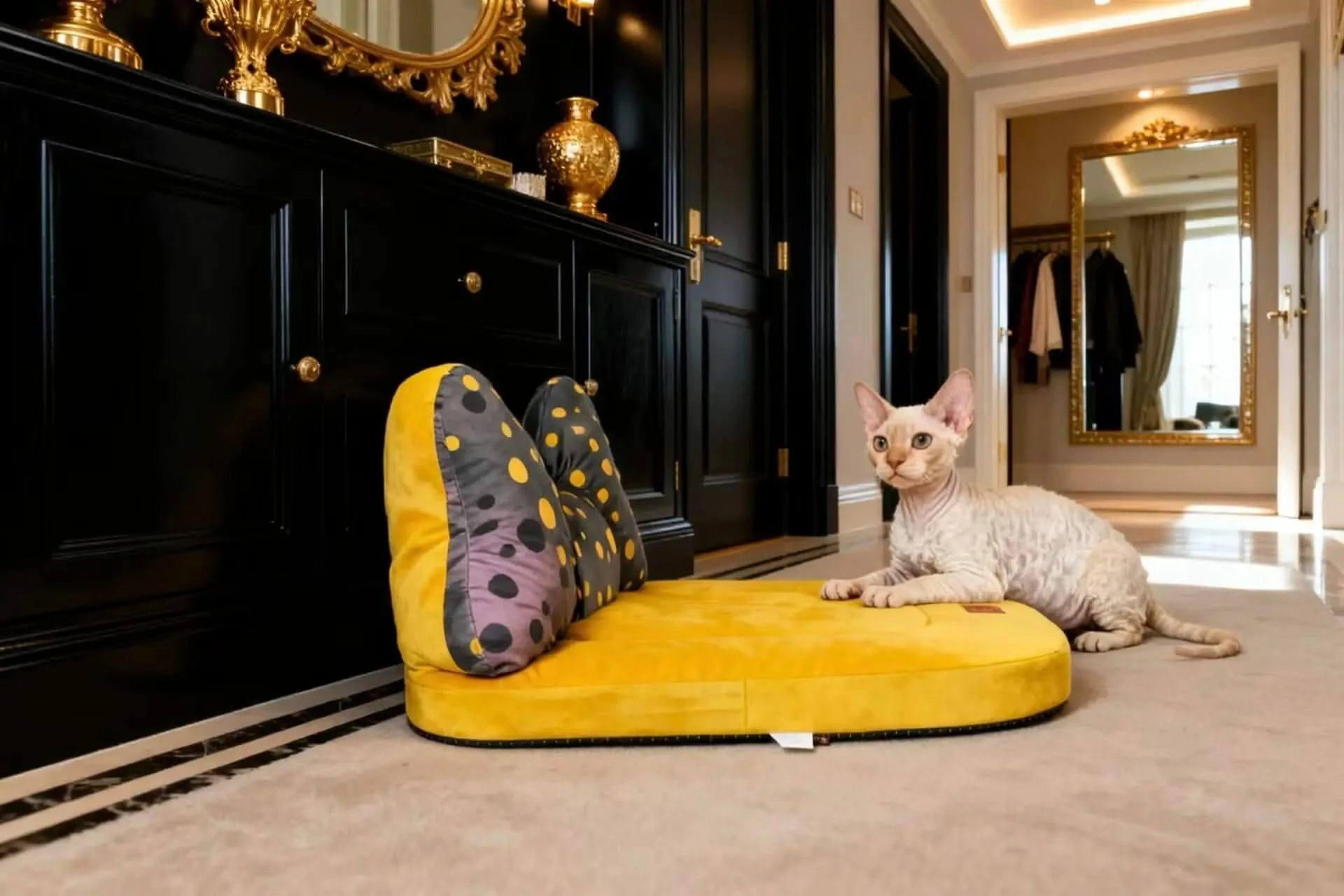 Cute Pet Bowknot Bed with Polka Dot Design - Plush Comfort Sleeping Mat for Pets Soft Supportive Cushion Bed with Removable Decorative Pillow.