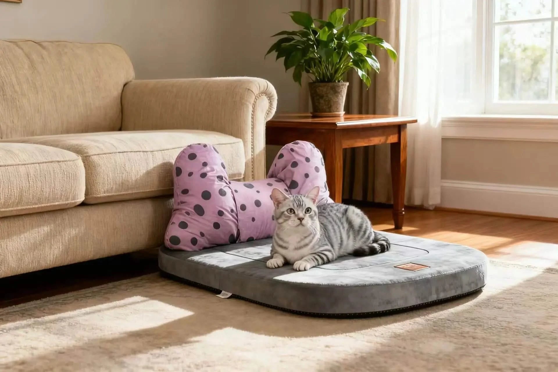 Cute Pet Bowknot Bed with Polka Dot Design - Plush Comfort Sleeping Mat for Pets Soft Supportive Cushion Bed with Removable Decorative Pillow.