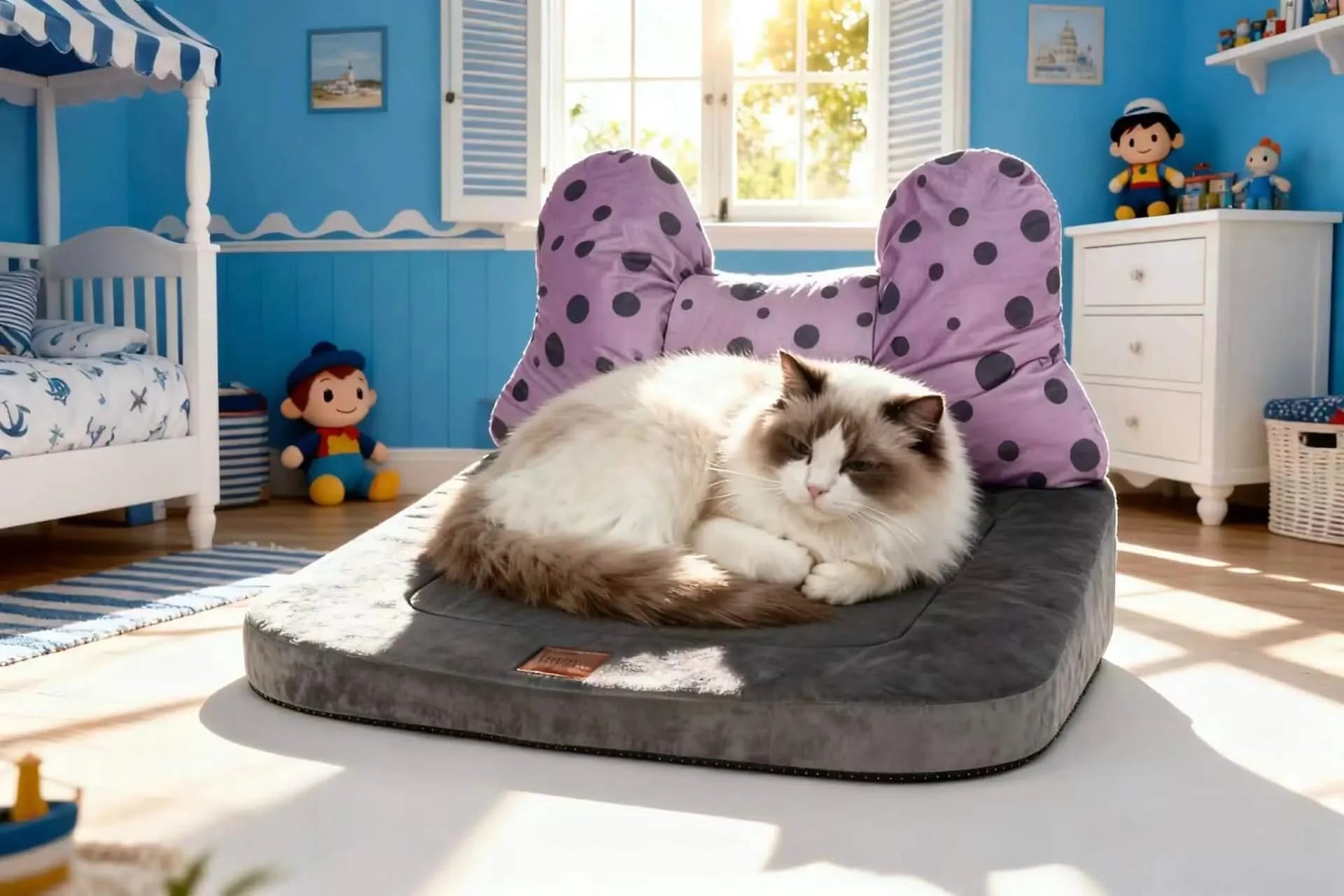 Cute Pet Bowknot Bed with Polka Dot Design - Plush Comfort Sleeping Mat for Pets Soft Supportive Cushion Bed with Removable Decorative Pillow.