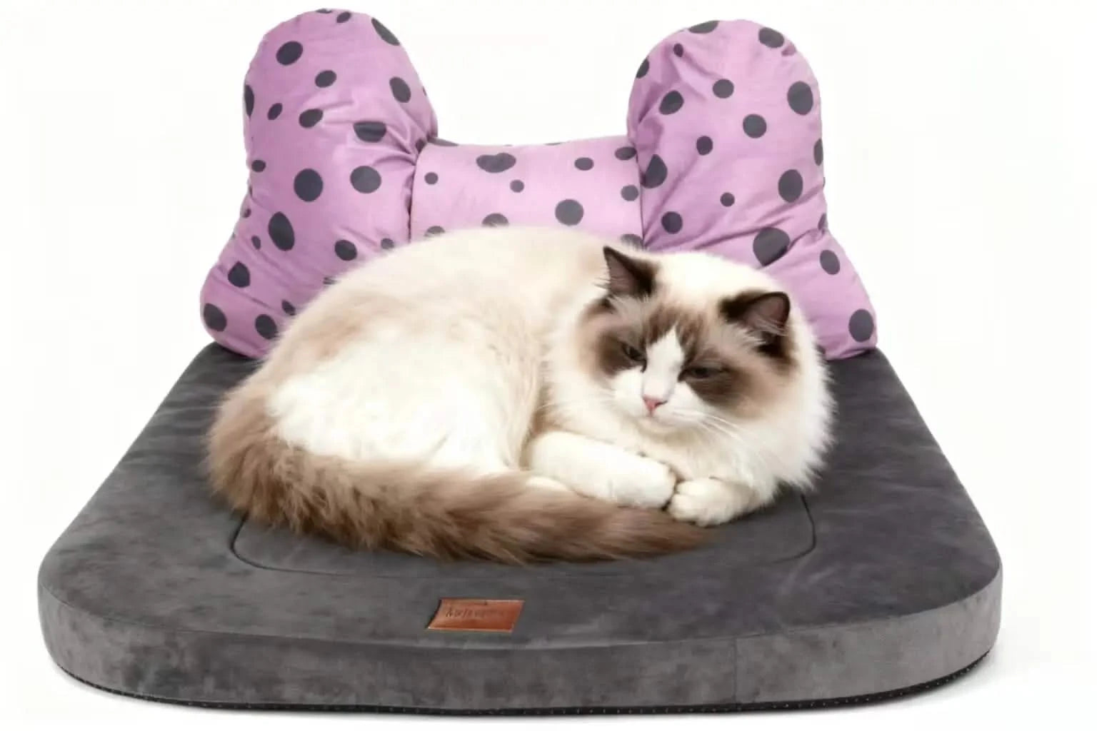 Cute Pet Bowknot Bed with Polka Dot Design - Plush Comfort Sleeping Mat for Pets Soft Supportive Cushion Bed with Removable Decorative Pillow.