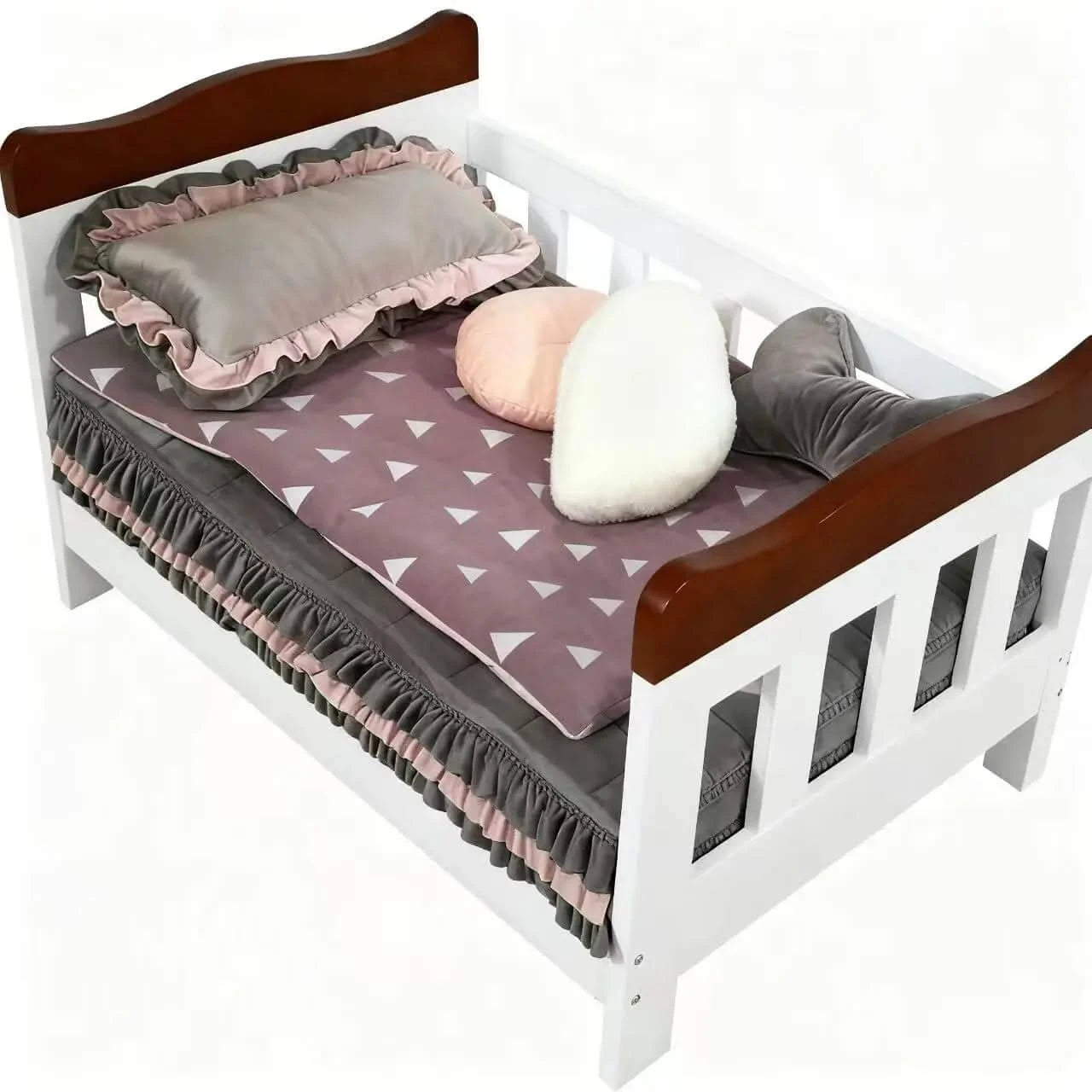Nordic Minimalist Wooden Pet Bed Set - Ruffled Bedding Non-Removable Nest for Pet (Neutral Gray-Pink Palette).
