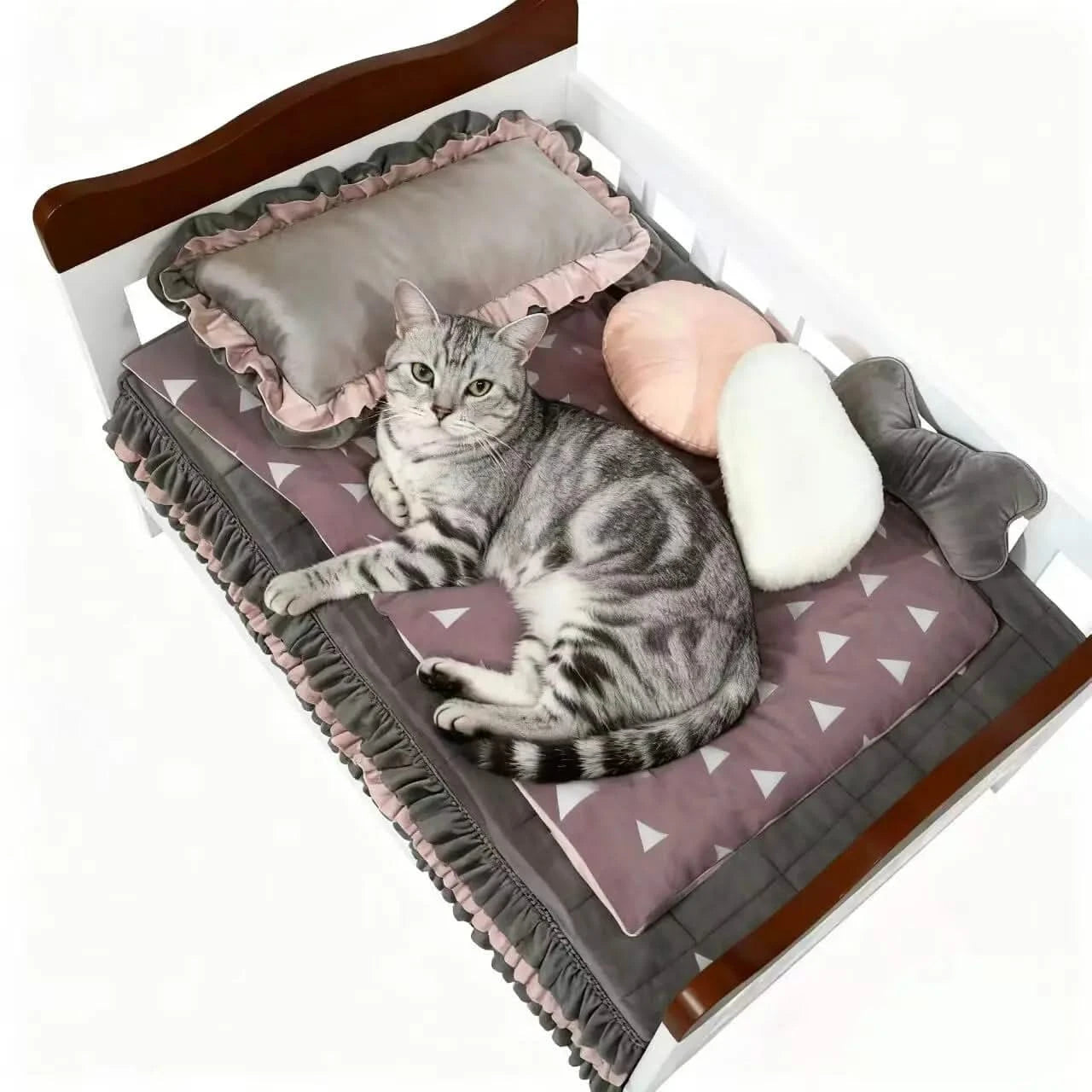 Nordic Minimalist Wooden Pet Bed Set - Ruffled Bedding Non-Removable Nest for Pet (Neutral Gray-Pink Palette).