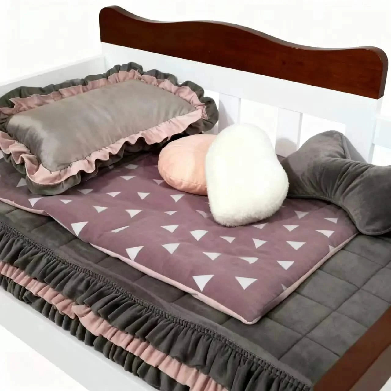 Nordic Minimalist Wooden Pet Bed Set - Ruffled Bedding Non-Removable Nest for Pet (Neutral Gray-Pink Palette).