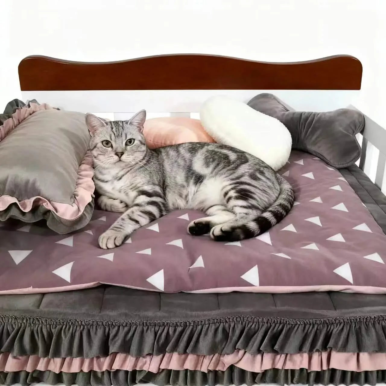 Nordic Minimalist Wooden Pet Bed Set - Ruffled Bedding Non-Removable Nest for Pet (Neutral Gray-Pink Palette).