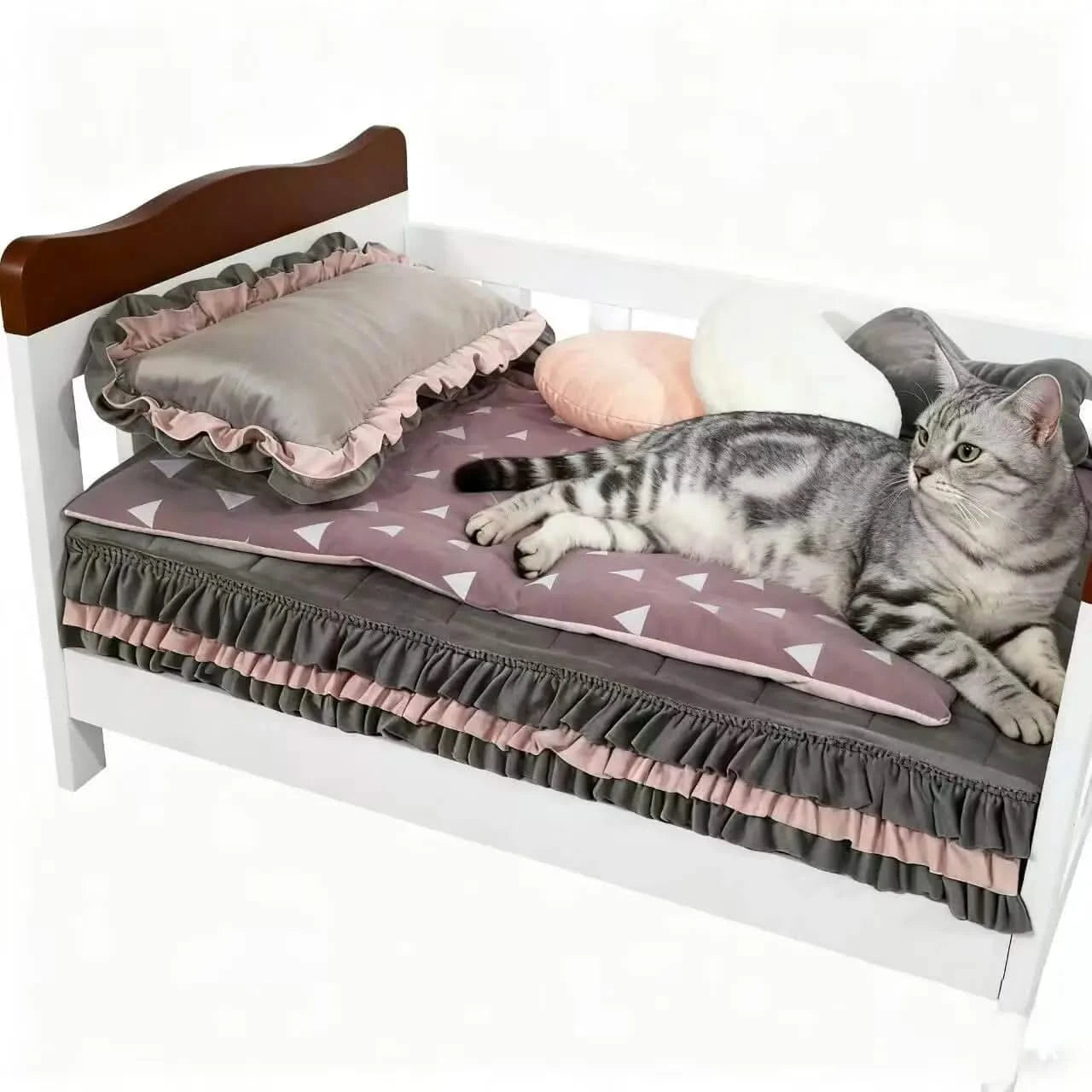 Nordic Minimalist Wooden Pet Bed Set - Ruffled Bedding Non-Removable Nest for Pet (Neutral Gray-Pink Palette).