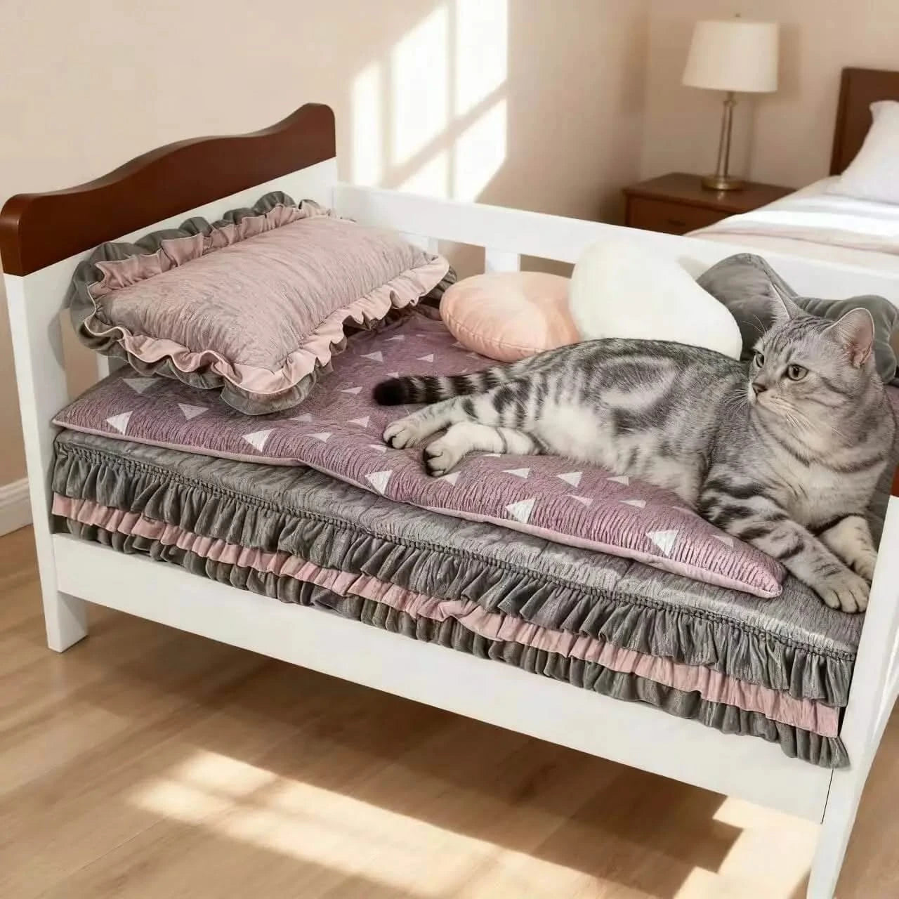 Nordic Minimalist Wooden Pet Bed Set - Ruffled Bedding Non-Removable Nest for Pet (Neutral Gray-Pink Palette).
