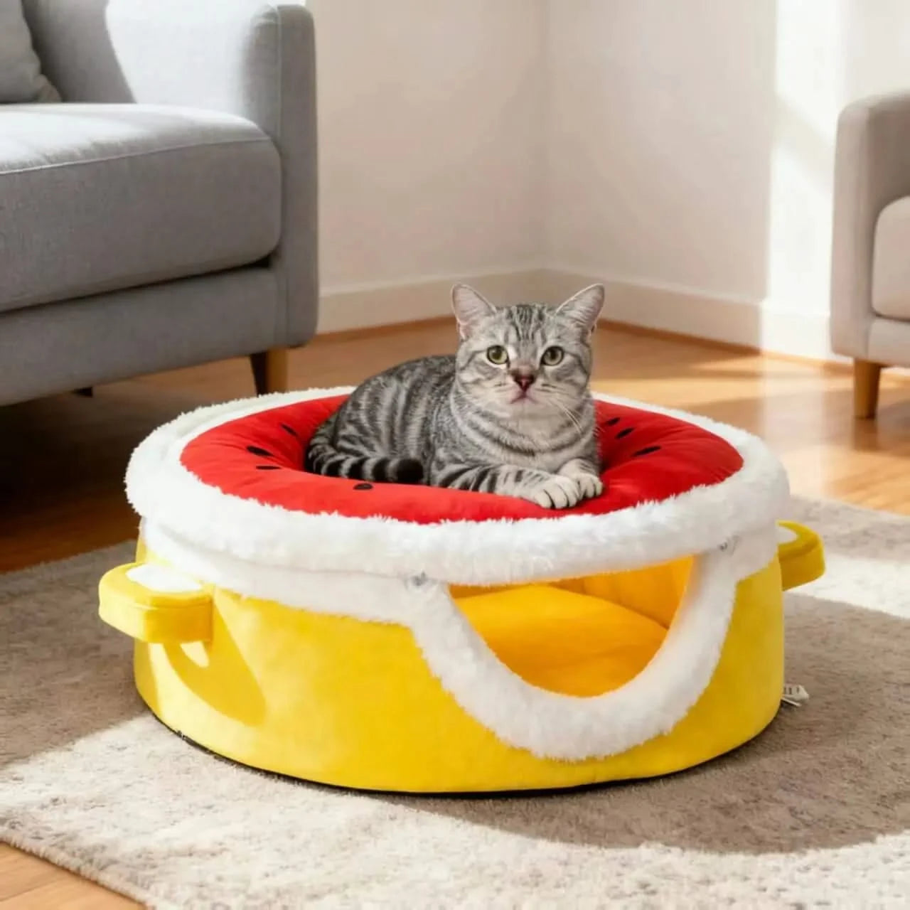 Modern Plush Cat House with Dome Lid - Enclosed Winter Warm Pet Bed, Spacious Soft Cushioned Interior.