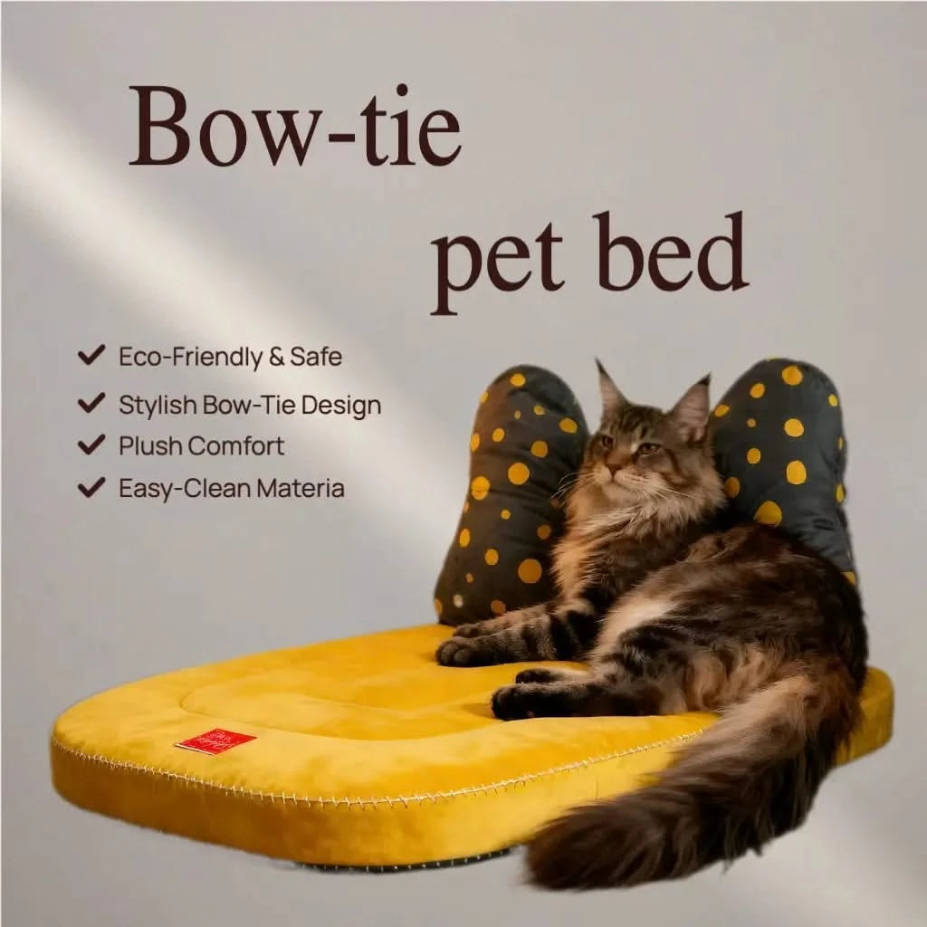 Cute Pet Bowknot Bed with Polka Dot Design - Plush Comfort Sleeping Mat for Pets Soft Supportive Cushion Bed with Removable Decorative Pillow.