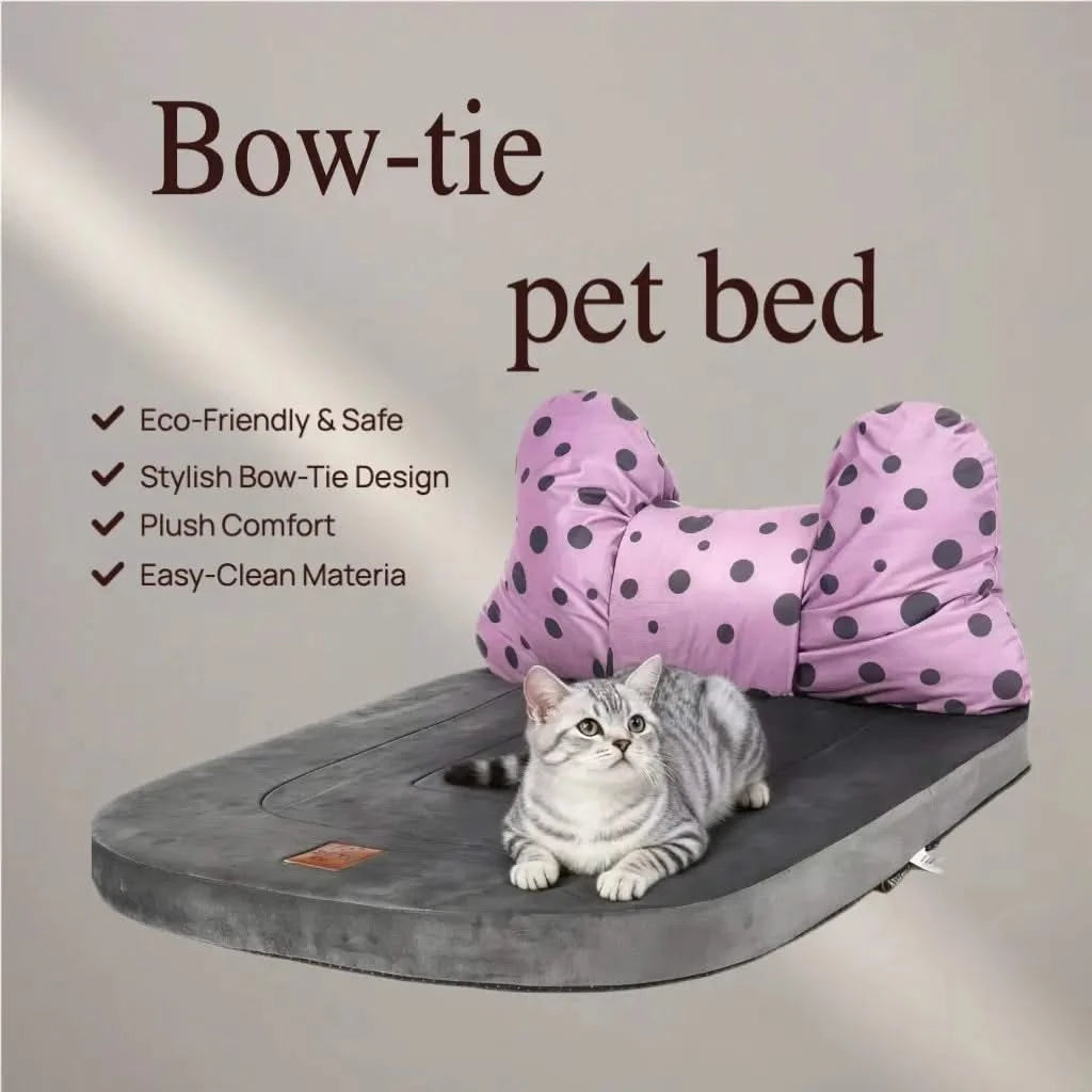 Cute Pet Bowknot Bed with Polka Dot Design - Plush Comfort Sleeping Mat for Pets Soft Supportive Cushion Bed with Removable Decorative Pillow.