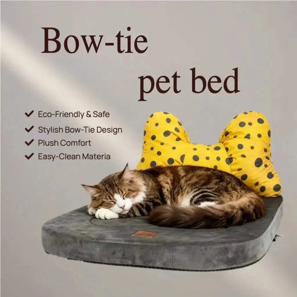 Cute Pet Bowknot Bed with Polka Dot Design - Plush Comfort Sleeping Mat for Pets Soft Supportive Cushion Bed with Removable Decorative Pillow.