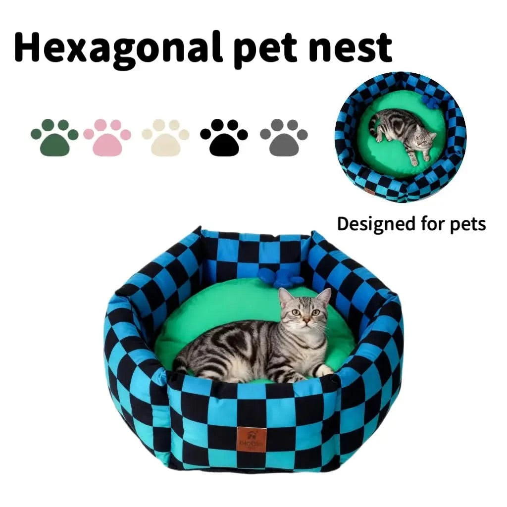 Hexagonal Pet Bed with Raised Edges - Checkerboard Pattern Plush Nest for Pet.
