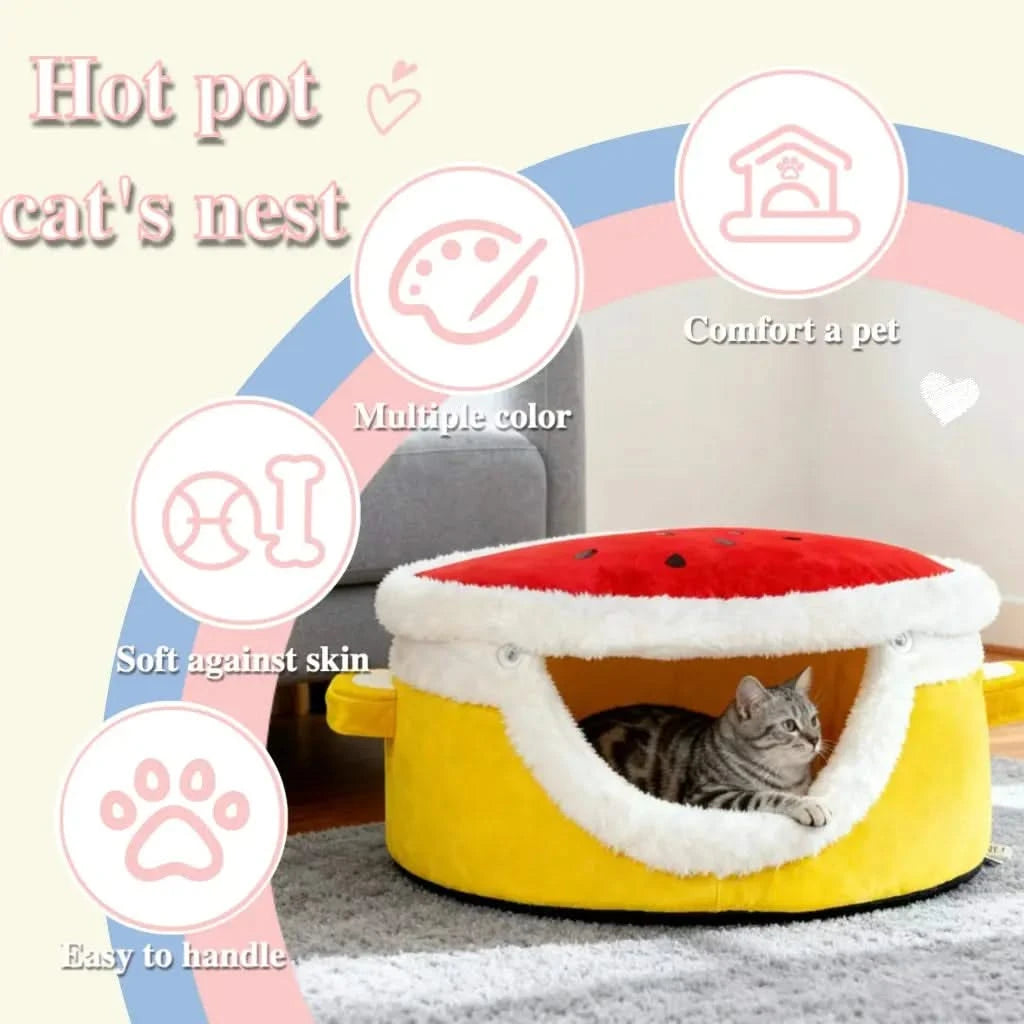 Modern Plush Cat House with Dome Lid - Enclosed Winter Warm Pet Bed, Spacious Soft Cushioned Interior.