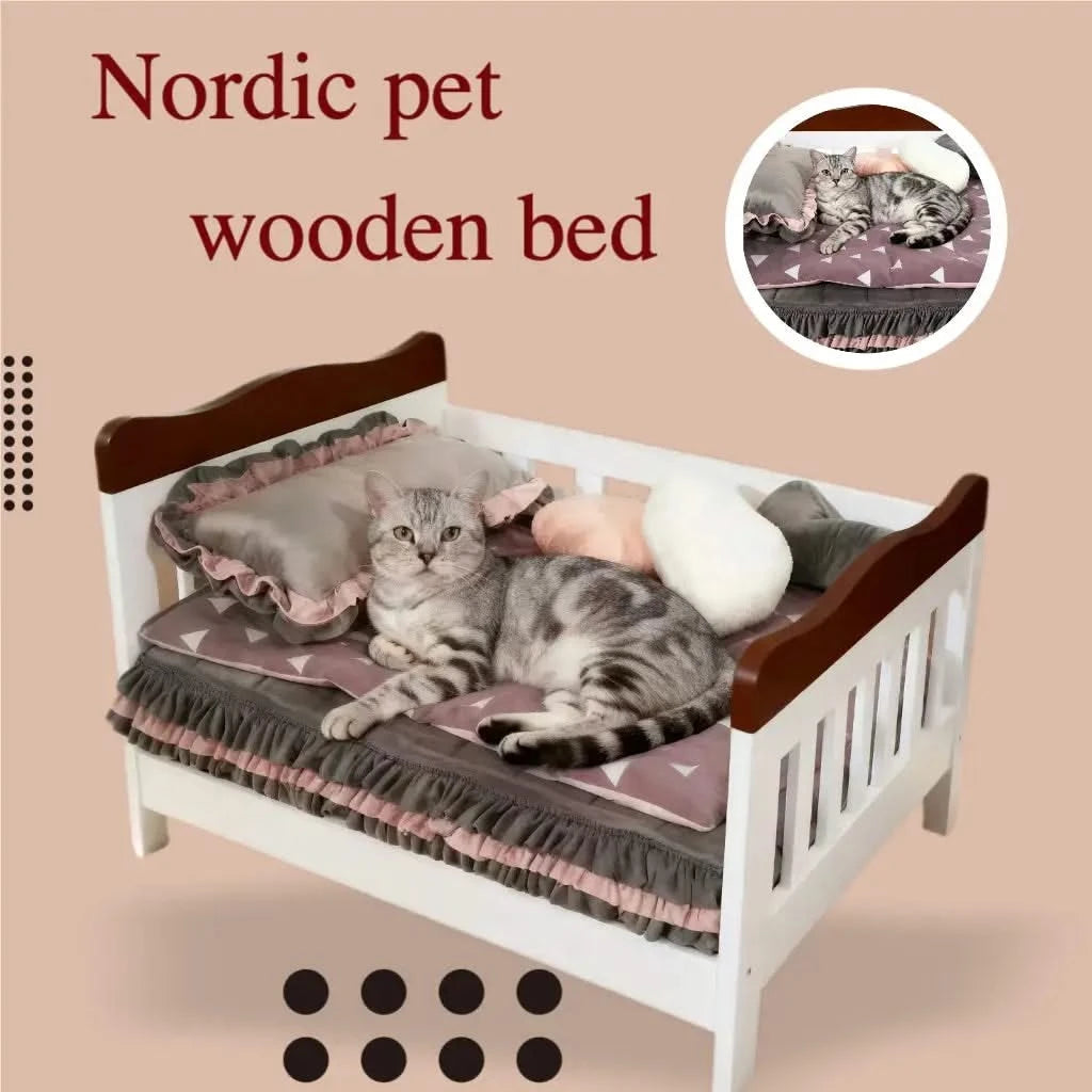 Nordic Minimalist Wooden Pet Bed Set - Ruffled Bedding Non-Removable Nest for Pet (Neutral Gray-Pink Palette).