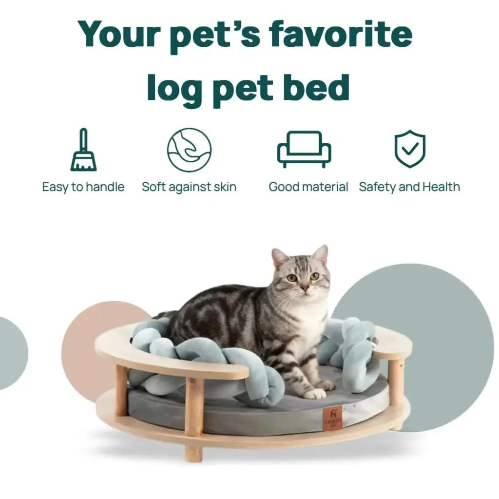 Round Wooden Frame Pet Bed Set - Chunky Knit Chain Accent Plush Cushion Nest for Pet.