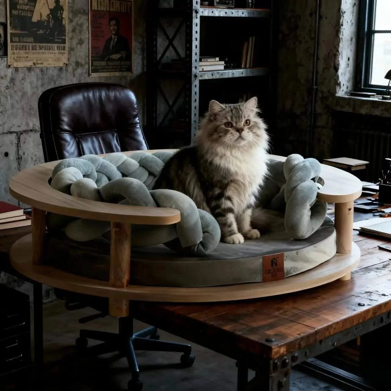 Round Wooden Frame Pet Bed Set - Chunky Knit Chain Accent Plush Cushion Nest for Pet.