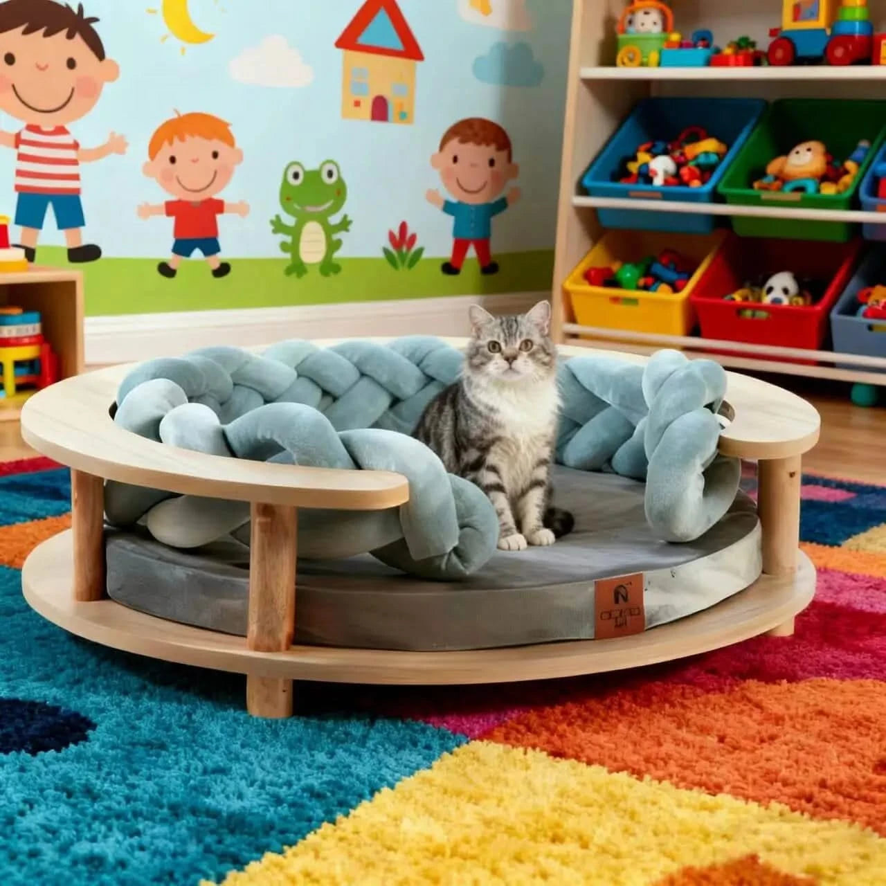 Round Wooden Frame Pet Bed Set - Chunky Knit Chain Accent Plush Cushion Nest for Pet.