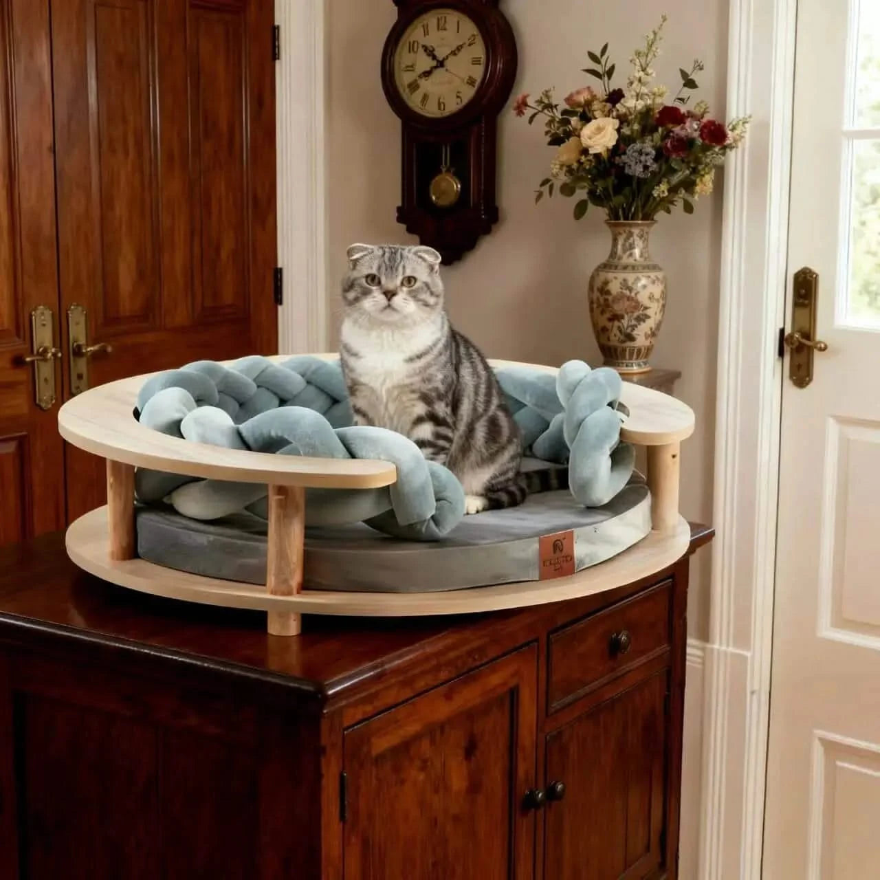 Round Wooden Frame Pet Bed Set - Chunky Knit Chain Accent Plush Cushion Nest for Pet.