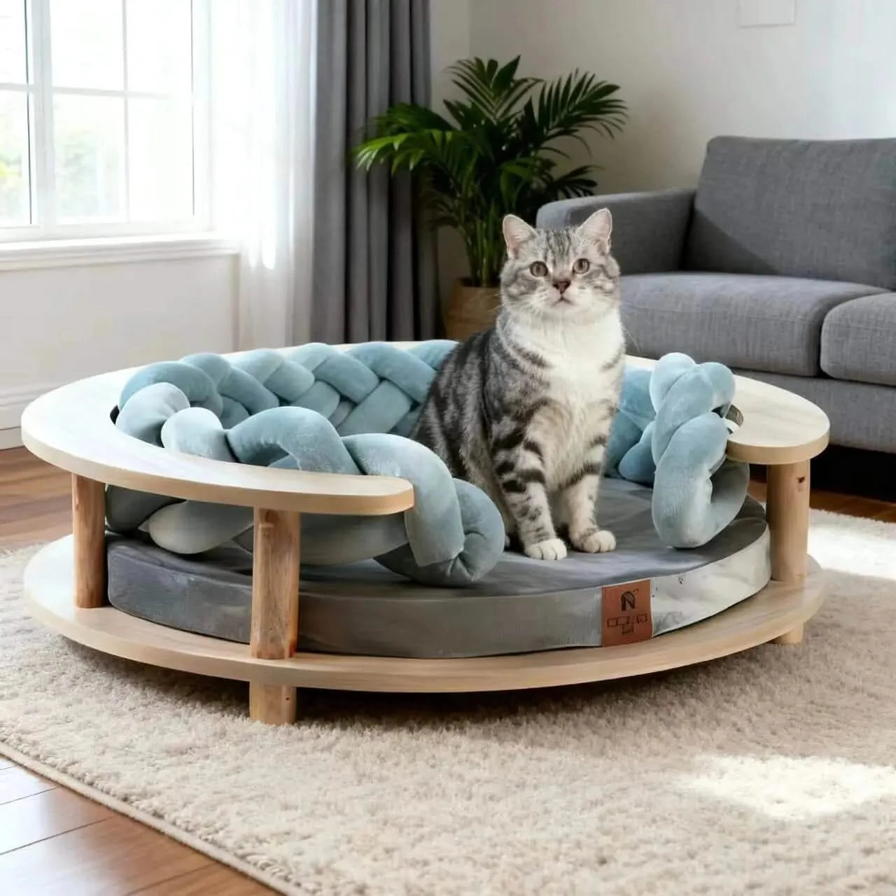 Round Wooden Frame Pet Bed Set - Chunky Knit Chain Accent Plush Cushion Nest for Pet.