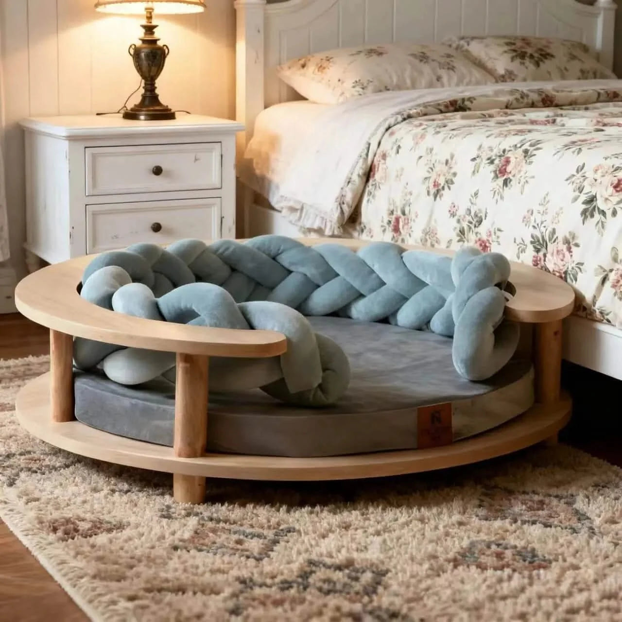 Round Wooden Frame Pet Bed Set - Chunky Knit Chain Accent Plush Cushion Nest for Pet.