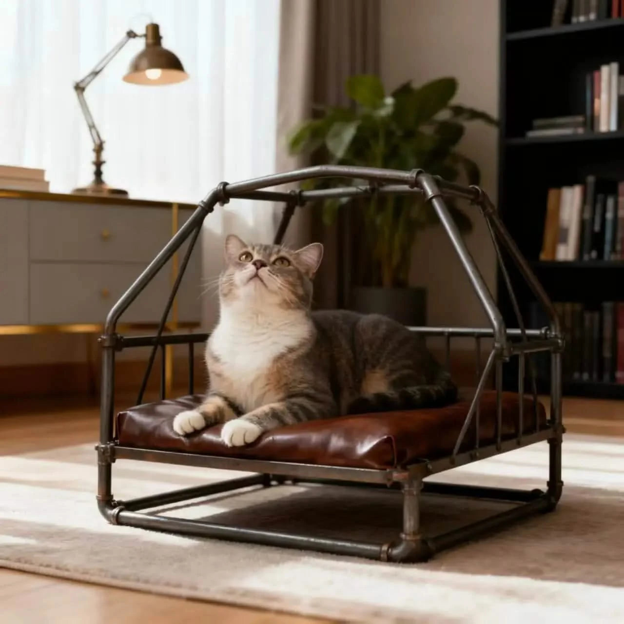 Customizable Pet Bed for Cats, Hexagon Shape, Metal Frame,  Industrial Style, All-Season