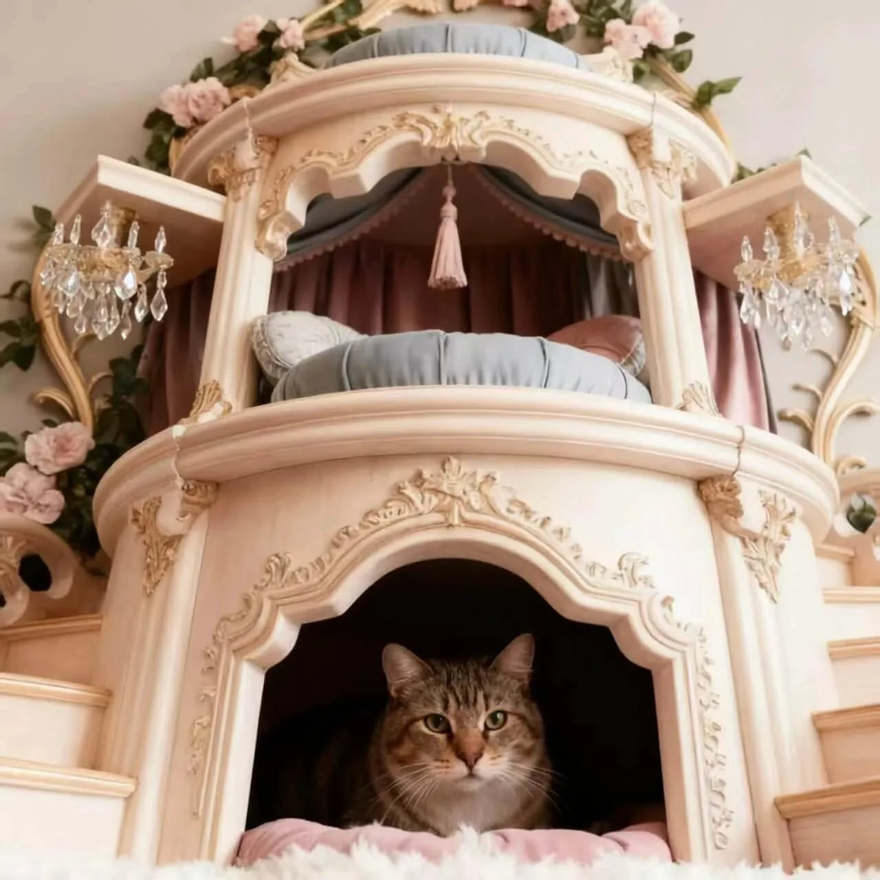 Cat Bed, Castle Shape, Wooden Structure,  Multi-Level Rest, Floral Trim, All-Season