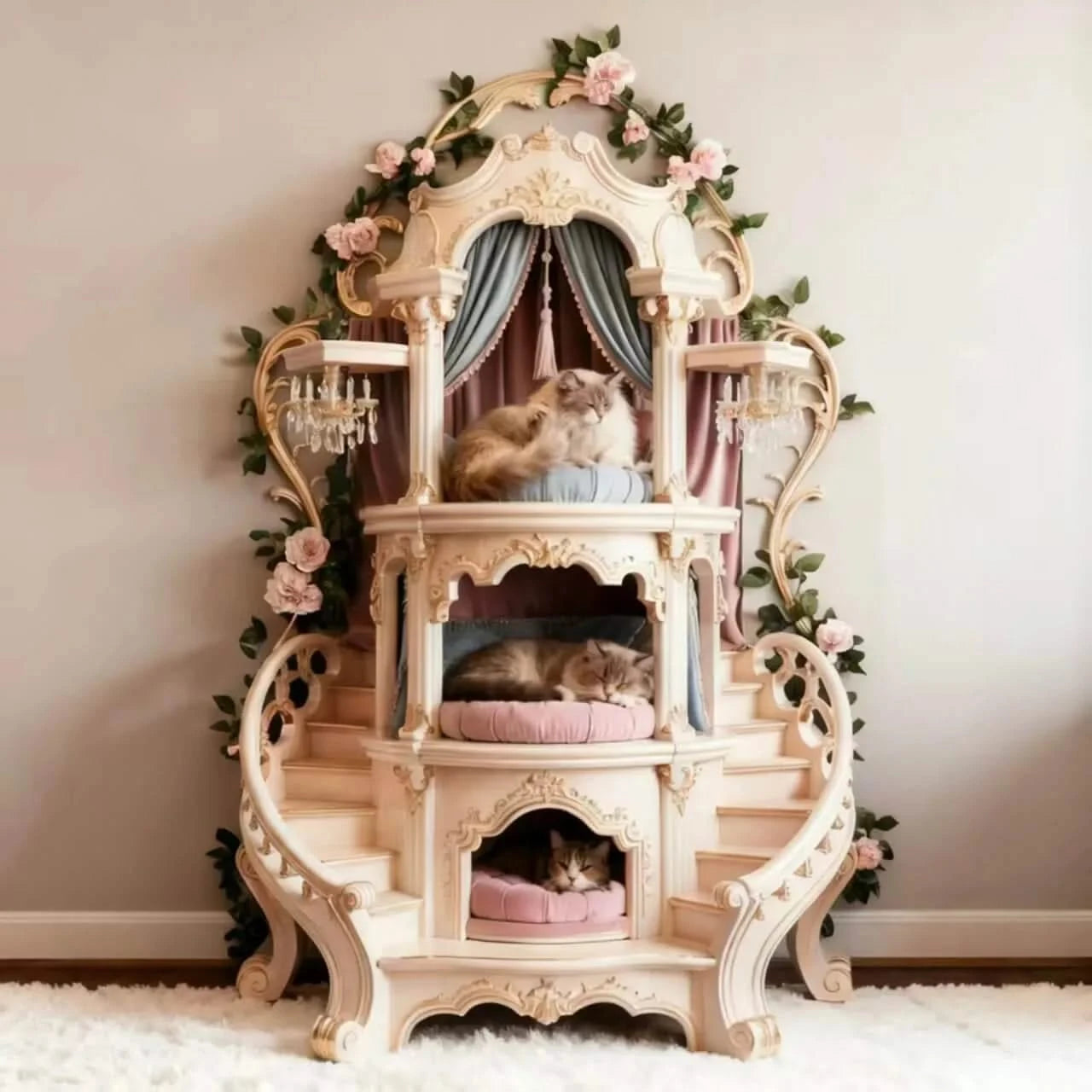 Cat Bed, Castle Shape, Wooden Structure,  Multi-Level Rest, Floral Trim, All-Season