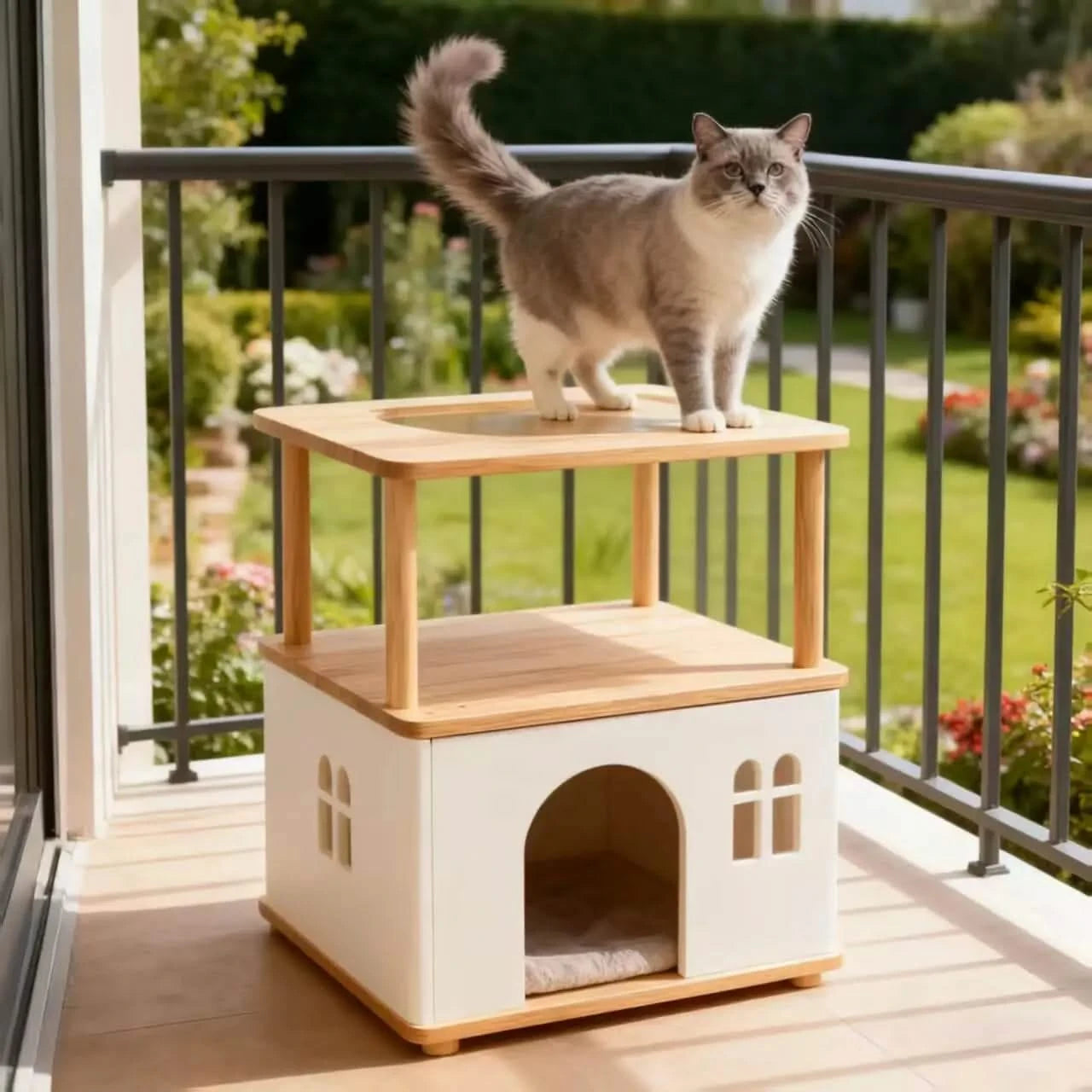 Cat Bed, Cube Tower Shape, Wood Structure, White/Beige, Cave + Platform, All-Season