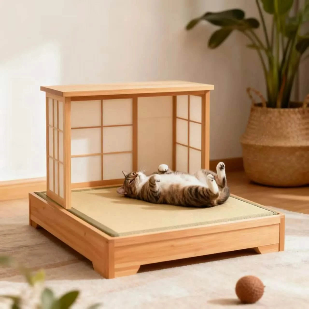 Zen Pet Bed for Cats, Tatami Platform Shape, Solid Wood, Natural Beige, All-Season