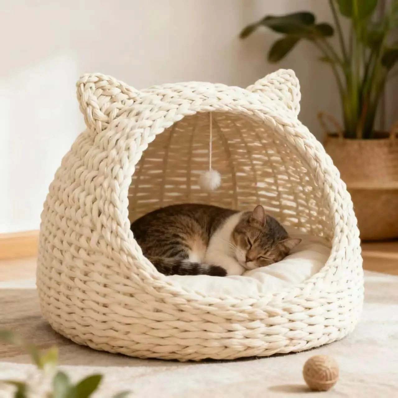  Cat Bed, Cat Ear Cave Shape, Handwoven Rattan, Beige, Durable Weave, All-Season
