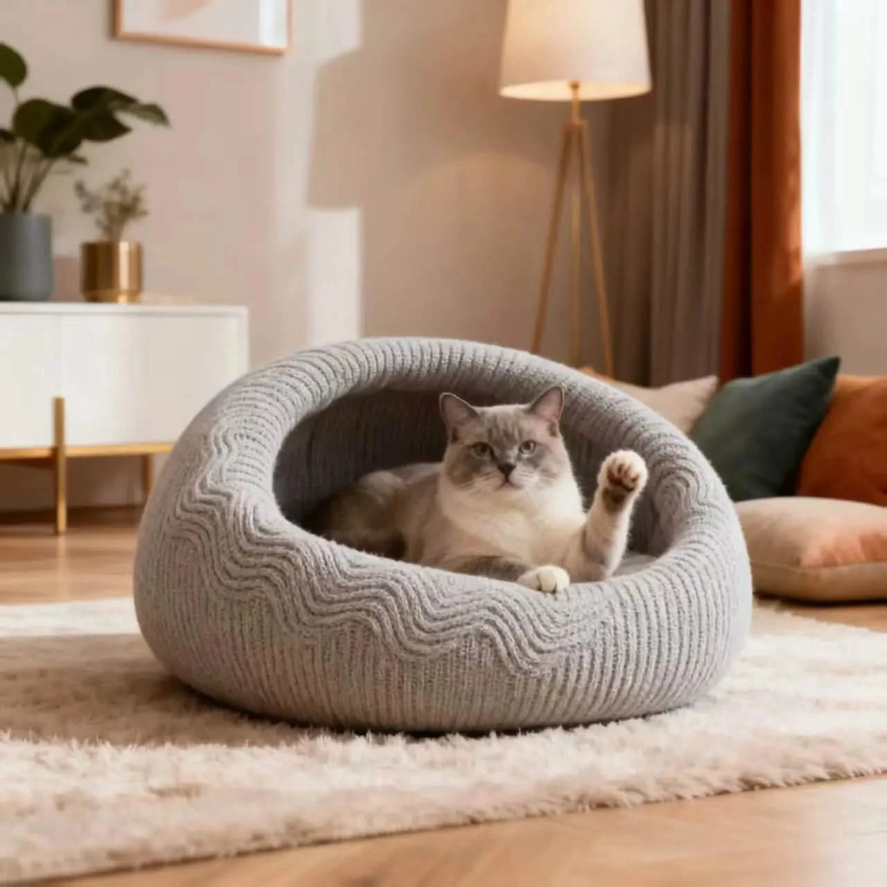 Cozy Pet Bed for Cats,  Plush Fabric, Light Gray, Round Nest Design, All-Season