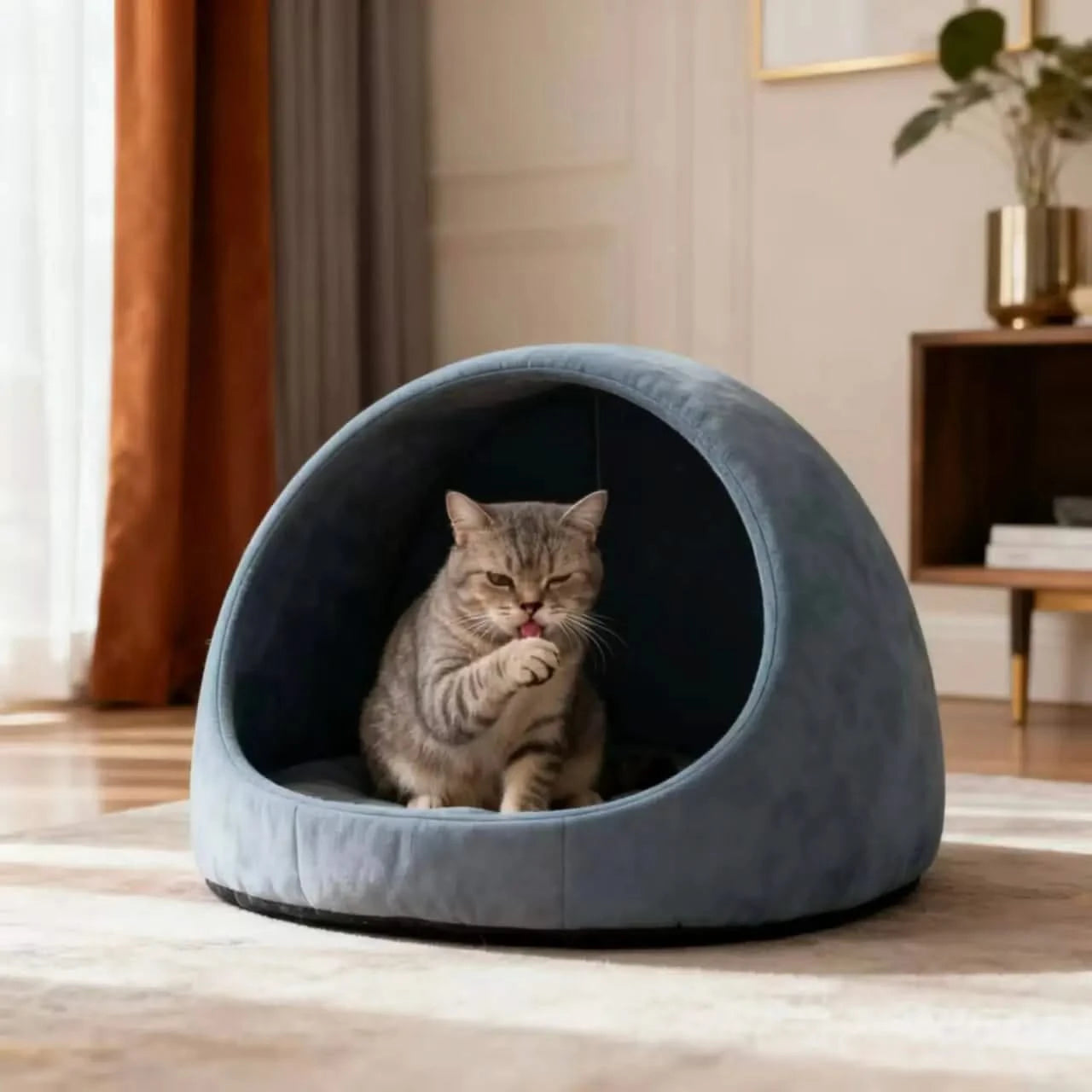 Cat Bed, Dome Cave Shape, Fluffy Fabric, Dusty Blue, Enclosed Hideaway, All-Season