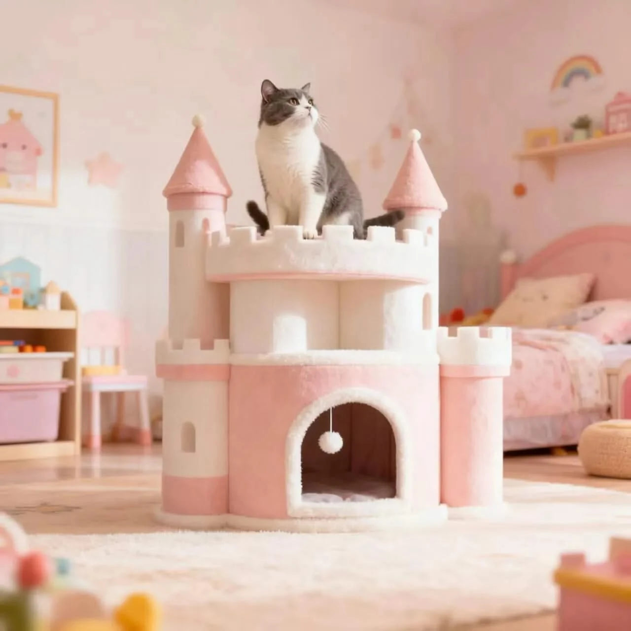 Customizable Pet Bed for Cats, Castle Shape, Plush Fabric, Pink/White, All-Season