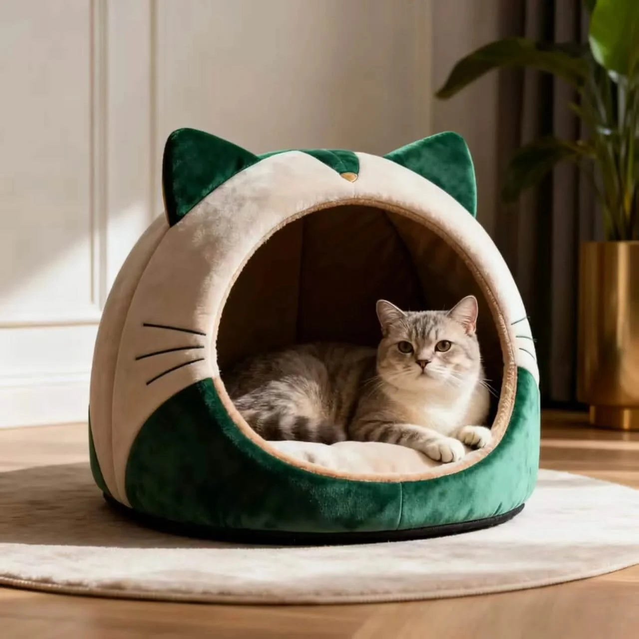 Cat Bed, Cat Ear Round Shape, Plush Material, White/Green, Enclosed Hideaway