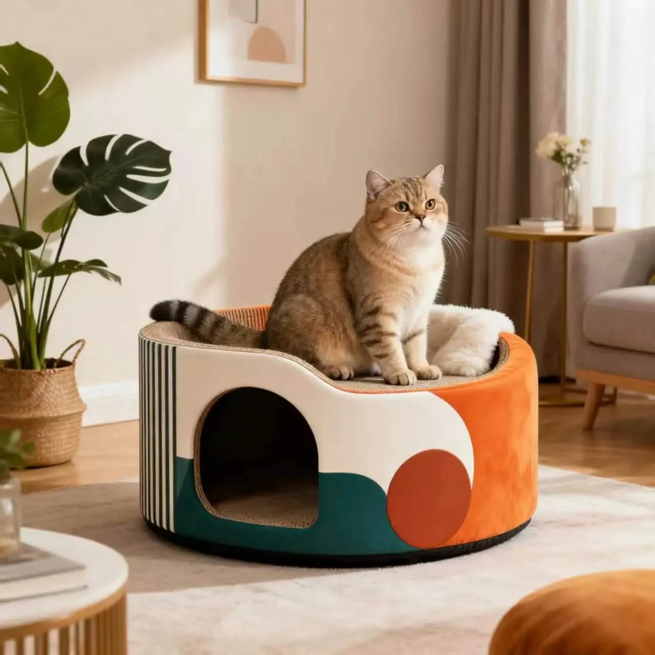  Cat Bed, Round Cave Shape, Color Block Fabric, White/Orange/Teal, Dual Zone