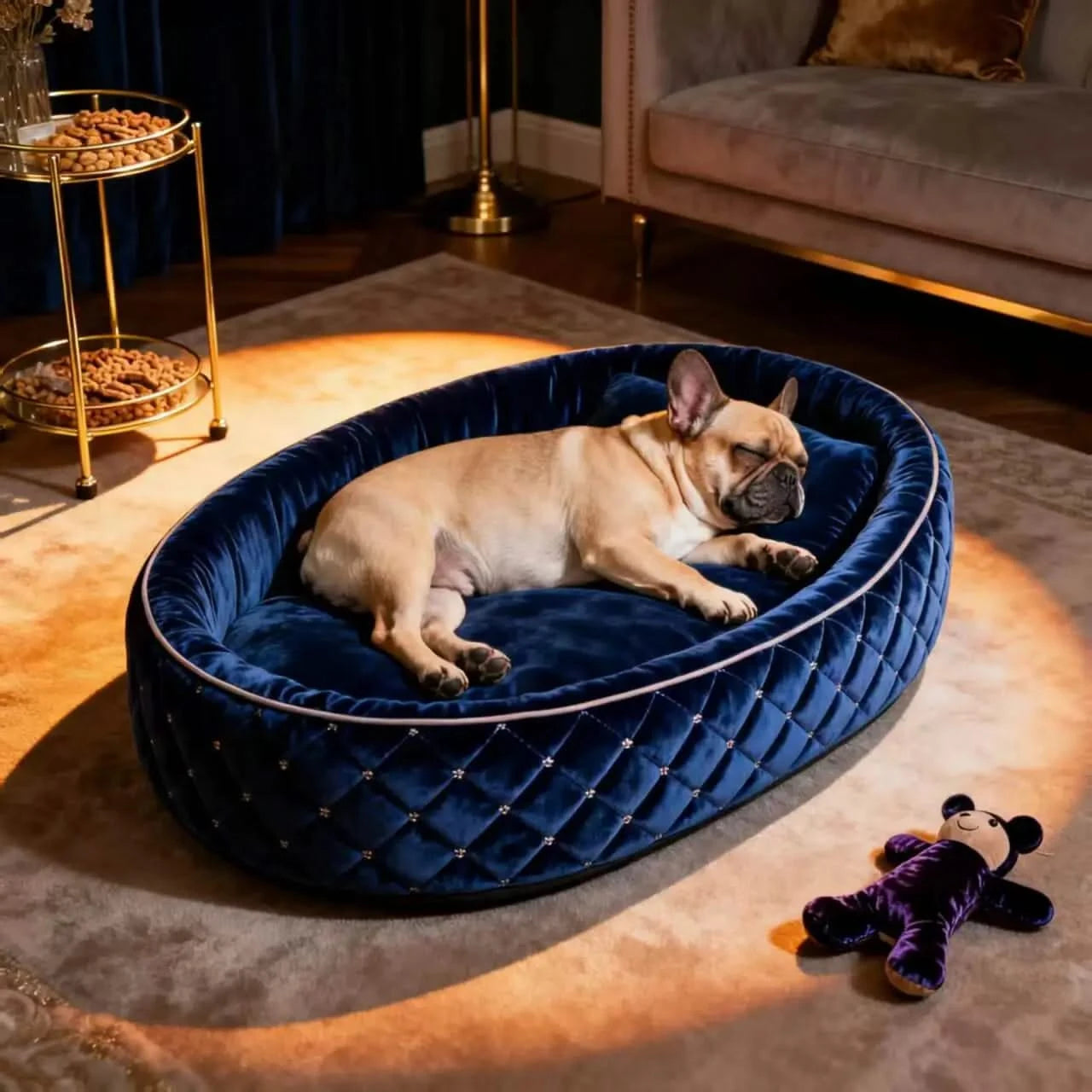 Elegant Dog Bed, Circular Woven Design, Soft Velvet, Blue, Cuddler Nest, All-Season