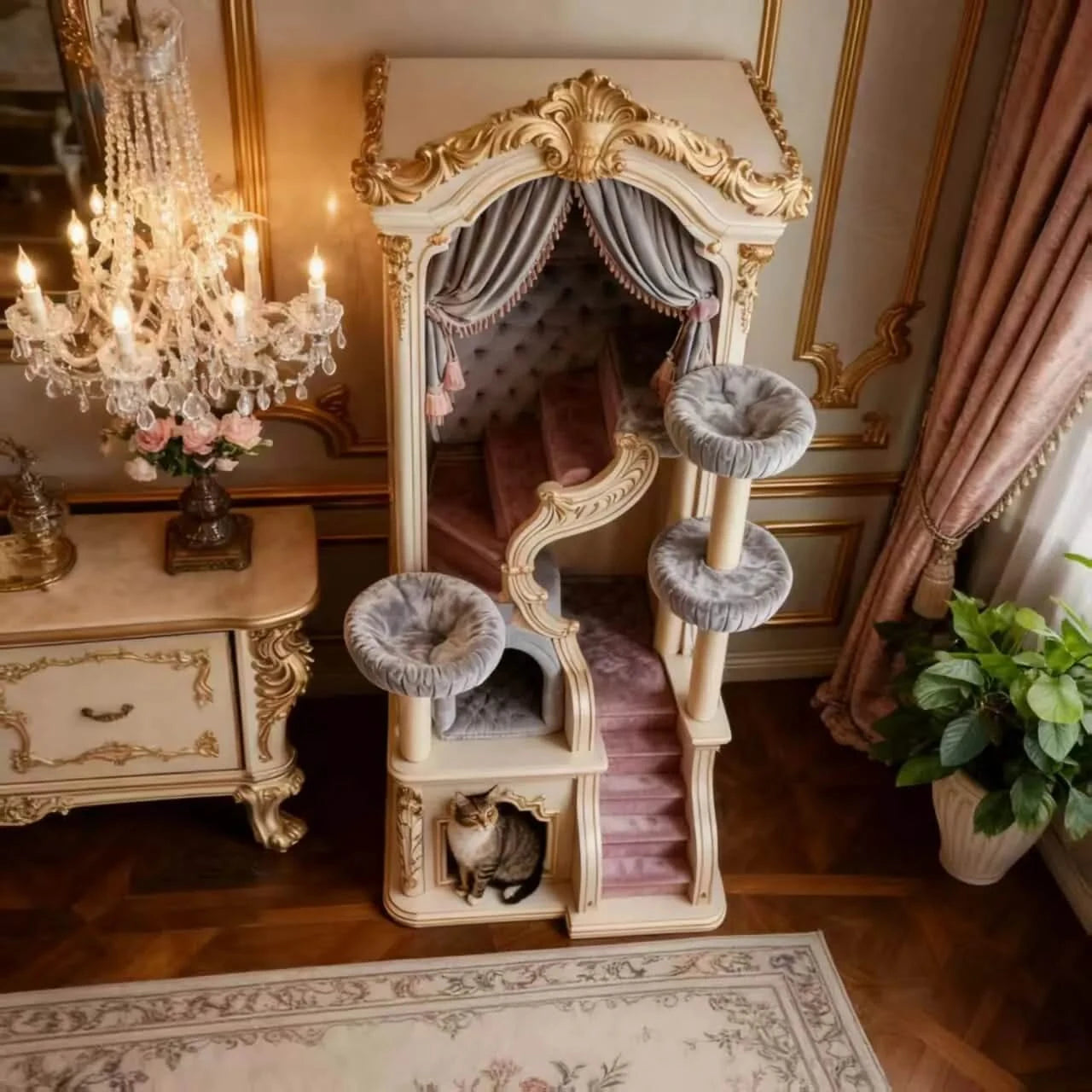 Castle-Themed Cat Bed, Tower Design, Multi-Tiered Nest, Beige,  Antique Style