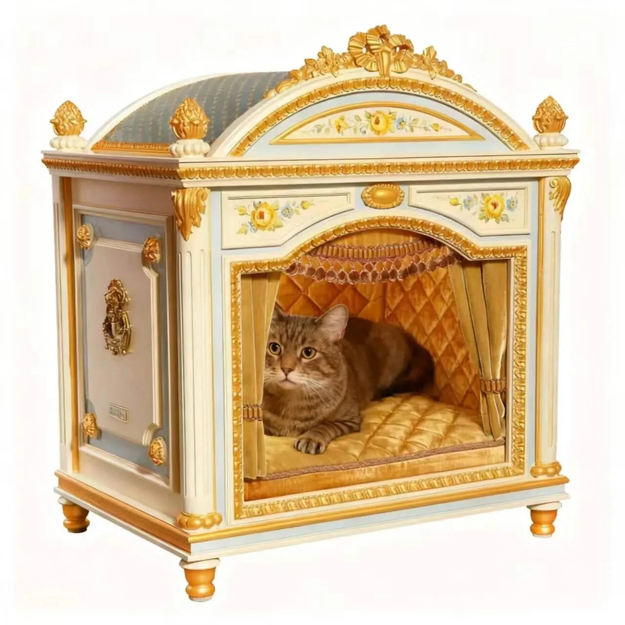 Cat Bed, Royal Cabinet Shape, Carved Wood, White/Gold, All-Season Comfort