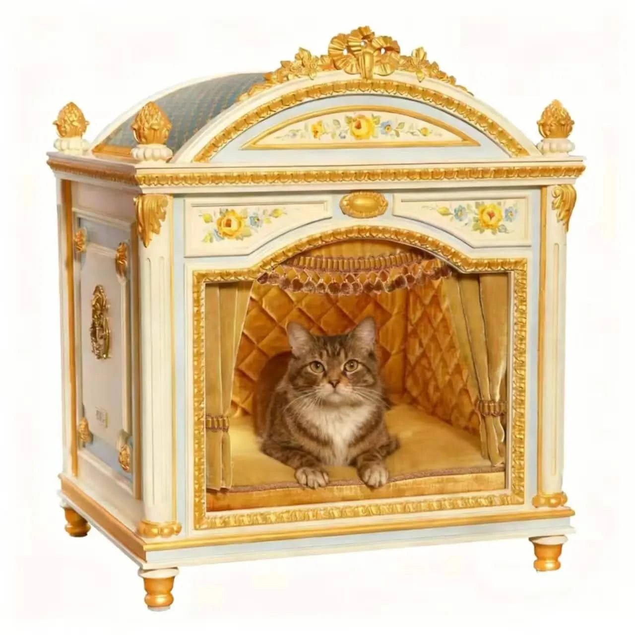 Cat Bed, Royal Cabinet Shape, Carved Wood, White/Gold, All-Season Comfort