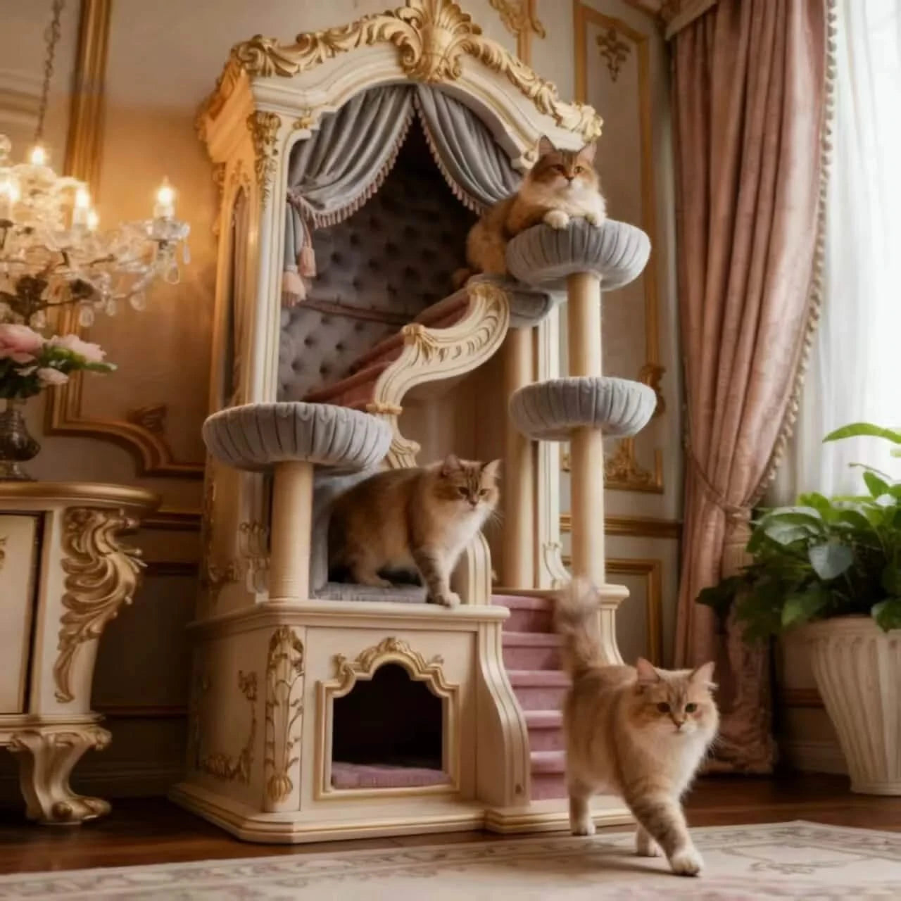 Castle-Themed Cat Bed, Tower Design, Multi-Tiered Nest, Beige,  Antique Style