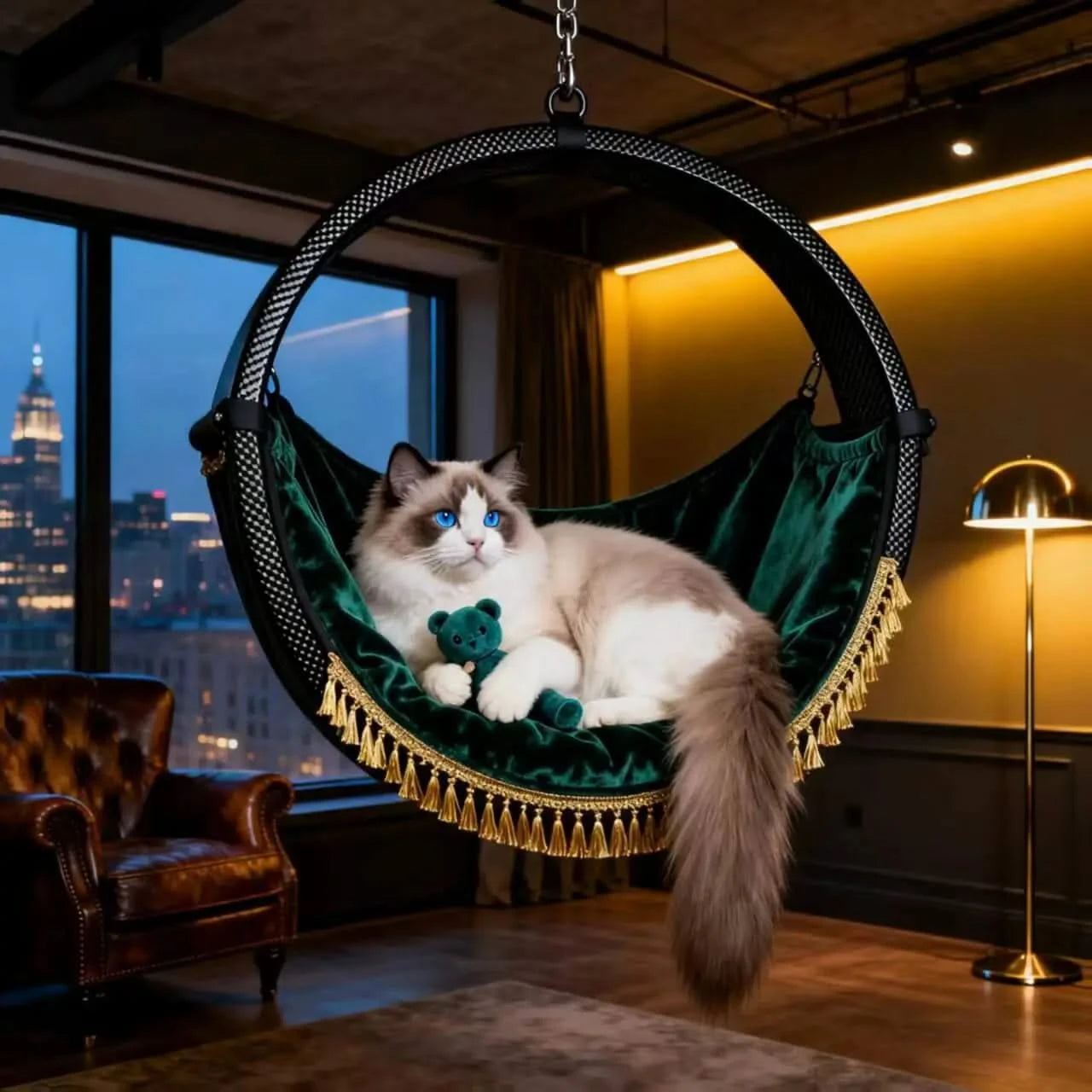 Cat Bed, Hanging Rattan Hoop Shape, Woven Material, Green/Black, Luxury Swing