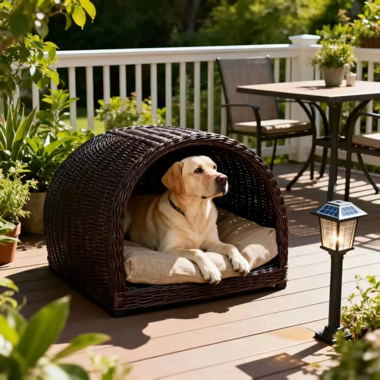  Outdoor Pet Bed for Dogs, Rattan Tunnel Shape, Woven Wicker, Brown/Beige