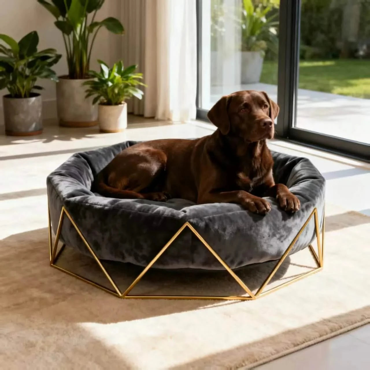 Handmade Plush Pet Bed for Dogs, Golden Metal Frame, Grey, Custom-Made