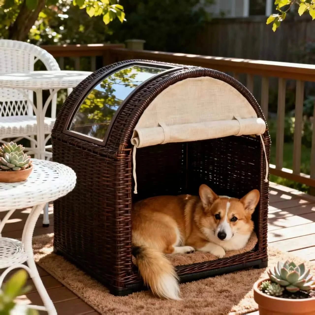 Dog Bed, Rattan Cave Shape, Woven Material, Brown/White, Outdoor Safe, All-Season