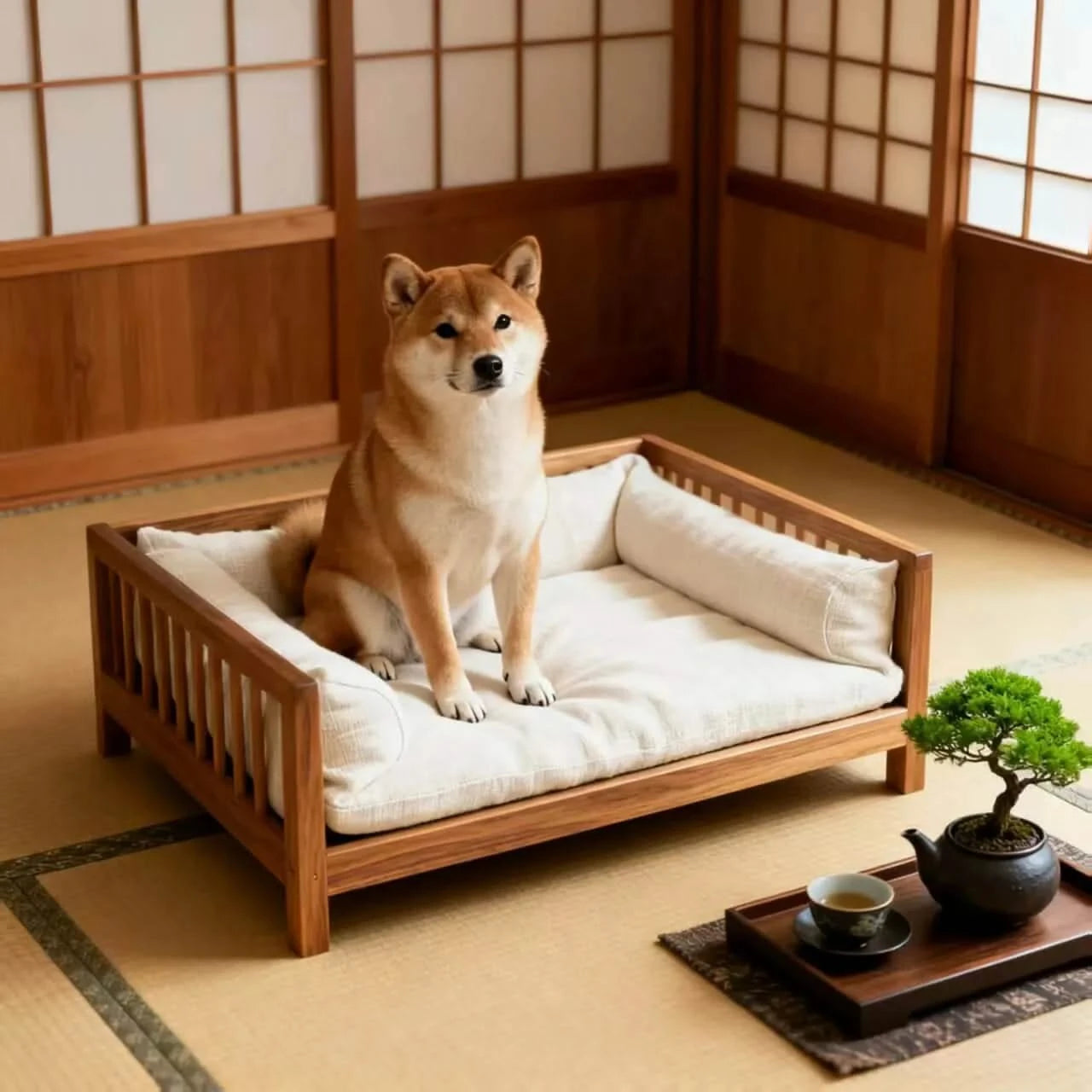 Dog Bed, Tatami Platform Shape, Wood Frame, Natural Brown/White, Elevated Base