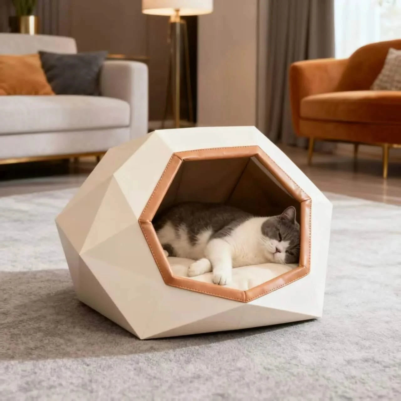 Cat Bed, Hexagon Cave Shape, Wood Composite, White/Pink, Angular Frame, All-Season