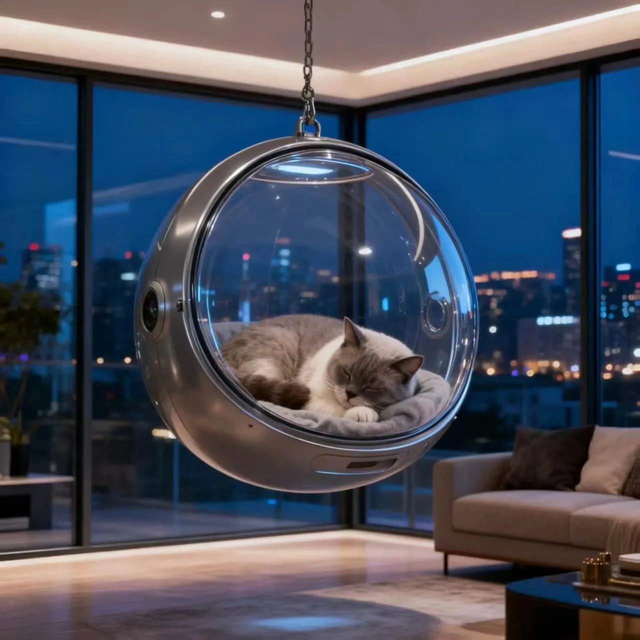 Futuristic Cat Bed, Hanging Bubble Sphere, Acrylic Material, Clear,  All-Season