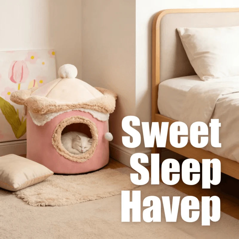 Comfortable Durable Cat Nest: Pink-Beige Plush, 2 Sizes, Built-in Ball Toy for Cats