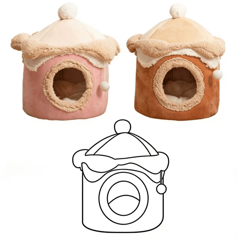 Comfortable Durable Cat Nest: Pink-Beige Plush, 2 Sizes, Built-in Ball Toy for Cats