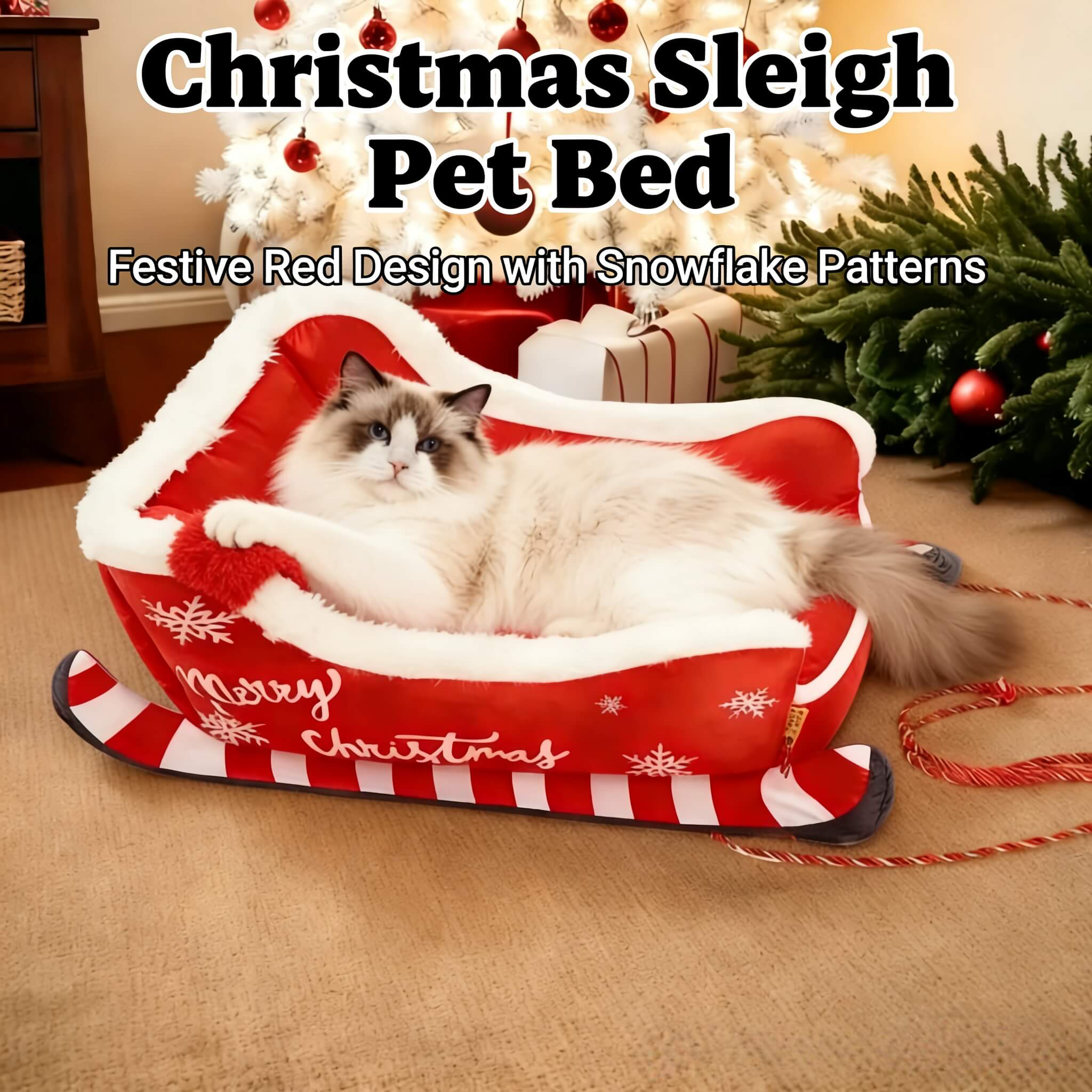 Premium Winter Christmas Sled Pet Bed: Anti-Slip Dog Cat Hammock Sofa