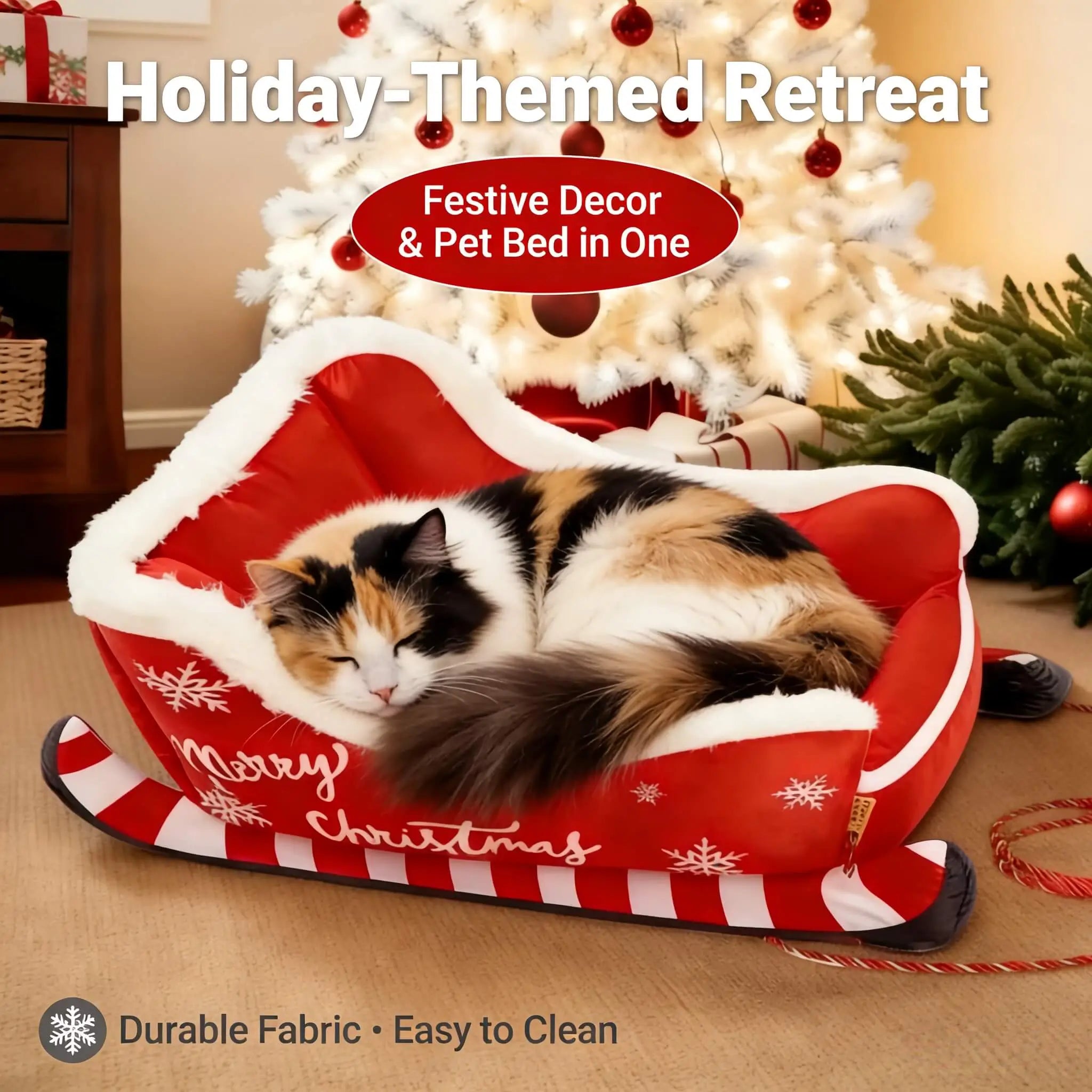 Premium Winter Christmas Sled Pet Bed: Anti-Slip Dog Cat Hammock Sofa